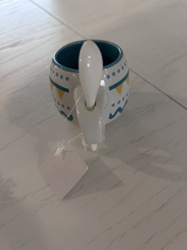 NWT Espresso Mug 2oz w Spoon Hobby Lobby Easter Teal Yellow Coffee Tea Novelty - Picture 3 of 6