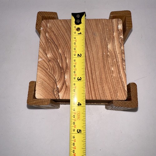 5 pc Coaster Set Cut Sand Stone Cork Back Teak Wood Holder Barware 3 3/4" VTG - Picture 5 of 7