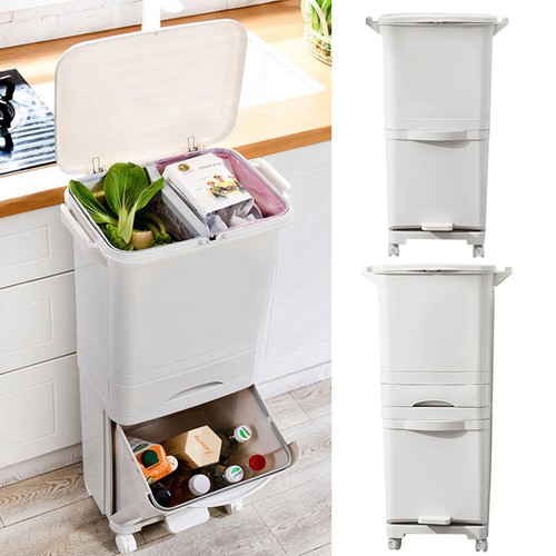 Kitchen Rubbish Waste Bin Recycling Dual Multi Compartment Pedal Dustbins +Wheel - Picture 18 of 34