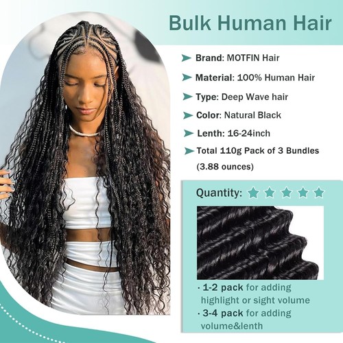 Human Braiding Hair for Boho Braids 110g 20 Inch Deep Wave Boho Bulk Human Ha - Picture 6 of 16