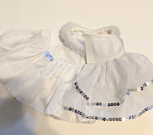Build-A-Bear Dress White Sequins Satin Sparkle Fur Collar Pink Bow Clothes - Picture 3 of 4