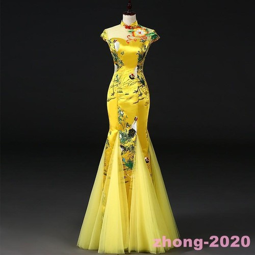 Damen Cheongsam Langes Fischschwanzkleid Abend Slim Fit Qipao Blumen Damenkleid - Bild 10 von 14