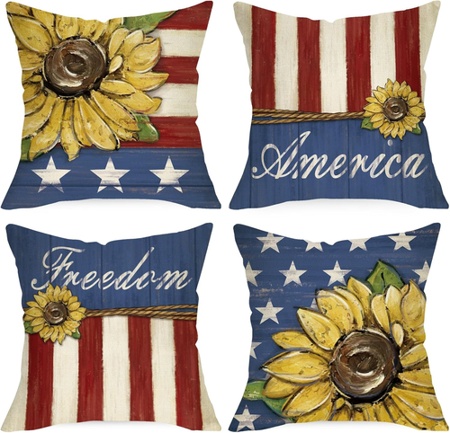 4Th of July Sunflower Patriotic Decorative Throw Pillow Covers 18 X 18 Set of 4, - Picture 12 of 14