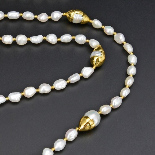 Natural White Baroque Pearl 24 K Gold Plated Keshi Pearl Necklace 42" For Lady - Picture 6 of 6