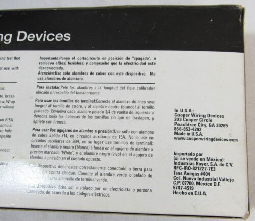 Cooper 1107W Grounding Duplex Receptacle 15A 125V 2P 3W White - Picture 5 of 7