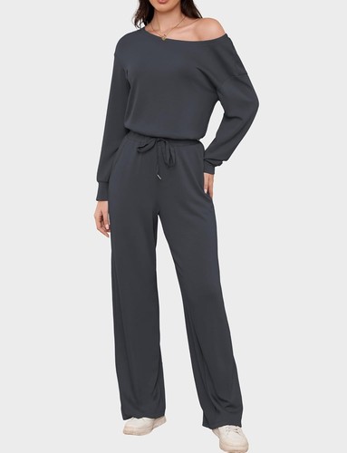 Women's Jumpsuits Dressy Casual Off Shoulder Long Sleeve Wide Leg Pants Romper - Picture 30 of 49