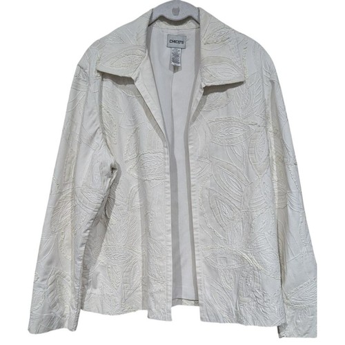 Chico's Off White Baumwolljacke Blumenapplikation verziert Gr. 2 (Large) 139 $ - Bild 1 von 6