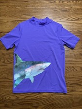 Lands  End kid boy girl M 10 rash guard swim shirt purple shark Bathing Suit Top