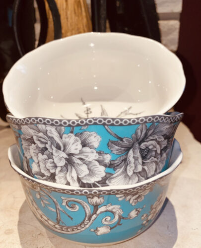 222 Fifth Adelaide Turquoise Bird Flower Cereal Bowls Set Of 3
