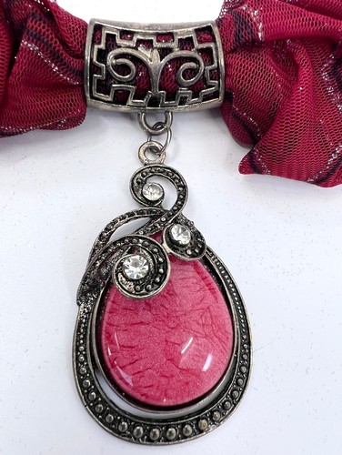 Holiday Sheer Red Silver Poinsettia Neck Scarf w Slide Clip dangle Pendant 70x18 - Picture 5 of 11