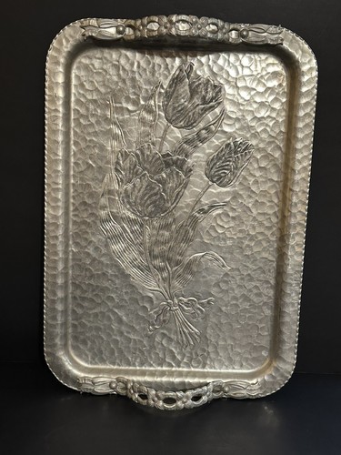 VTG Hand Wrought Hammered Aluminum Handled Floral TRAY Rodney Kent Silver Co 408 - Picture 17 of 24