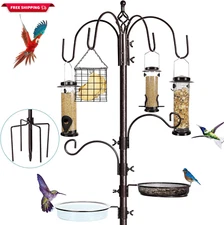 6-Hook Bird Feeding Station Kit Wild Bird Feeder Pole, Steel Multi-Feeder Kit St