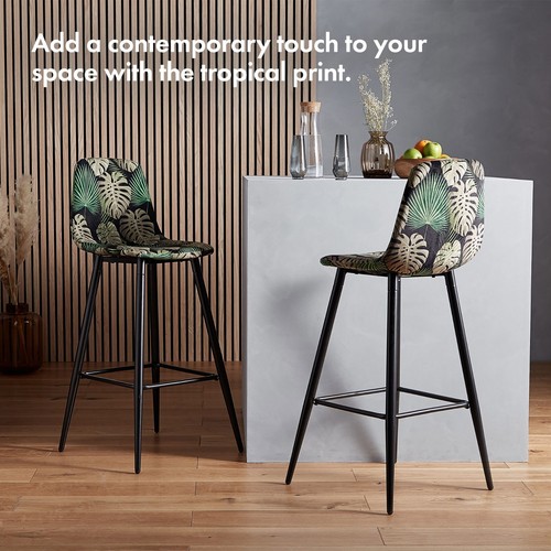 Bar Stools Set of 2, Velvet Tropical Palm Print Pair of Kitchen Stools, VonHaus - Picture 2 of 9