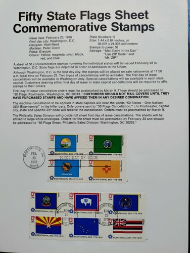 1976 50 US States Flags Sheet Commemorative Stamps,MH,OG
