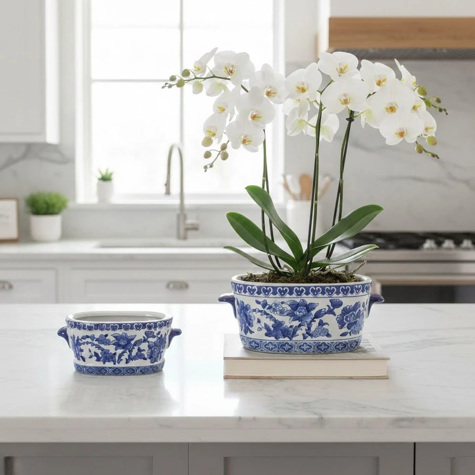 Blue and White Ceramic Planter Pot – Vintage Floral Oval Cachepot Vase for Indoo - Image 3 of 4