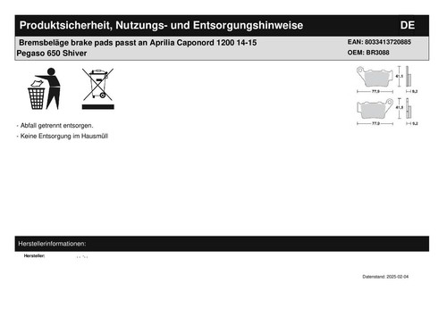 Bremsbeläge brake pads passt an Aprilia Caponord 1200 14-15 Pegaso 650 Shiver - Bild 3 von 3