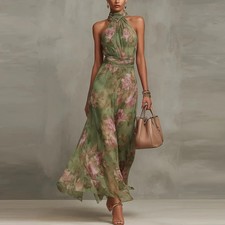 Damen Maxikleid Chiffon Blumen Neckholder Som...