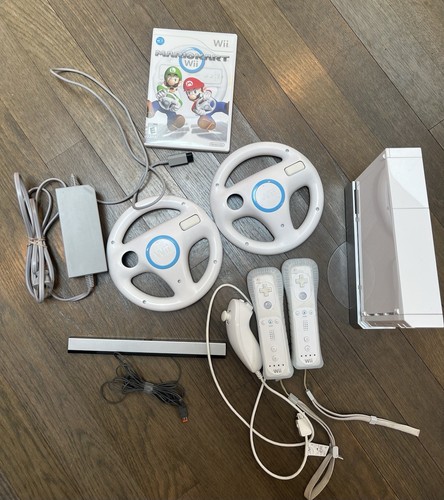 Nintendo Wii Console Mario Kart Wii Bundle White 2 Controllers Wheels Lot
