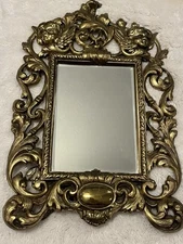 Vintage Brass Gold Cherub Beveled Mirror Metal Victorian Style With Stand