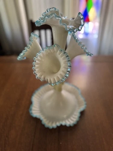 Fenton Aqua Crest Epergne Fenton for L. G. Wright 4 horn  **Damaged Connector”