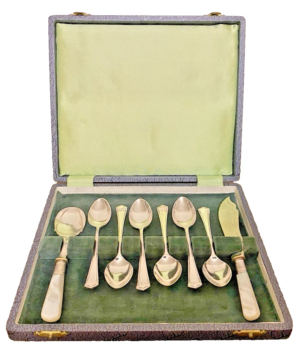 Boxed Art Deco 8 Piece Silver Plate Afternoon Tea Set, Spoons, Jam, Butter Knife