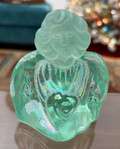 Fenton Art Glass Green Iridescent Angel Figurine Hand Painted Flowers Signed EXC