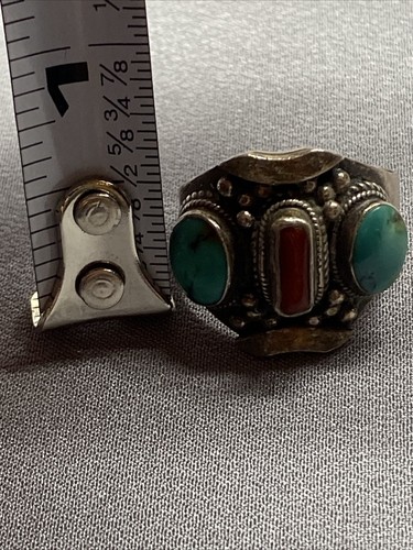 Anillo Navajo Vintage Plata de Ley 925 Coral Turquesa 3 Piedras Talla 8 - Imagen 7 de 8