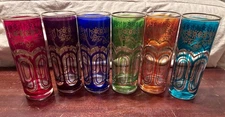 6 Vintage Moroccan Style Tall Tea Glasses Red Green Purple Yellow Blue Gold
