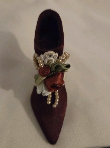 Vtg Burgundy Red Decorative Pearl Lace Collectible Mini Floral High Heel Shoe - Picture 2 of 17