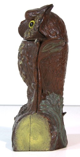 ca1900 CAST IRON MECHANICAL BANK - ORIGINAL OWL TURNS HEAD BANK By J & E STEVENS - Imagen 6 de 7