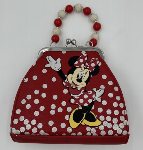Disney Parks Minnie Mouse Girls Clasp Purse Red Sparkle Glitter Bead Handle