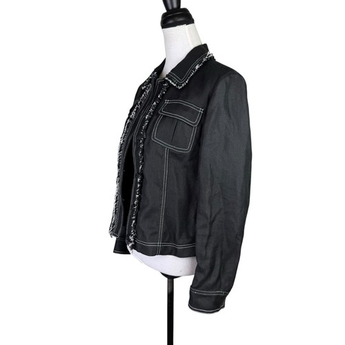 Worth 14 Black Woven Tweed Contrast Fringe Trim Snap Button Fashion Jacket - Picture 2 of 10