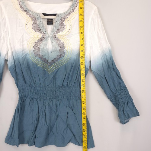 Ali Miles Tunic Top Womens S Ombré Blue White Long Sleeve Embroidered Boho Rayon - Picture 3 of 11