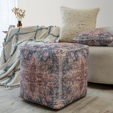 LR Home Vintage Medallion Square Indoor Medium Pouf Ottoman, Navy/Rust | Hand-Ma