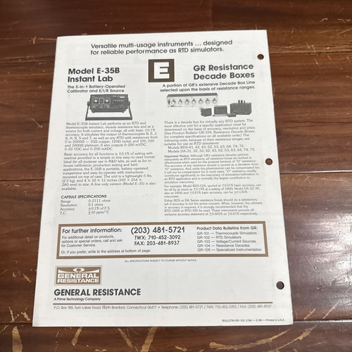 General Resistance RTD Simulators RTD-100X / 100 / 200 / 500 / 1000 Data Sheet - Picture 2 of 2