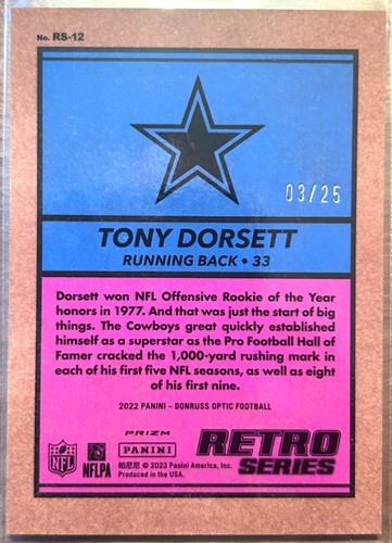 2022 Donruss Optic - Tony Dorsett - Retro Series Purple Stars Prizm /25 RS-12 ✨ - Picture 2 of 2