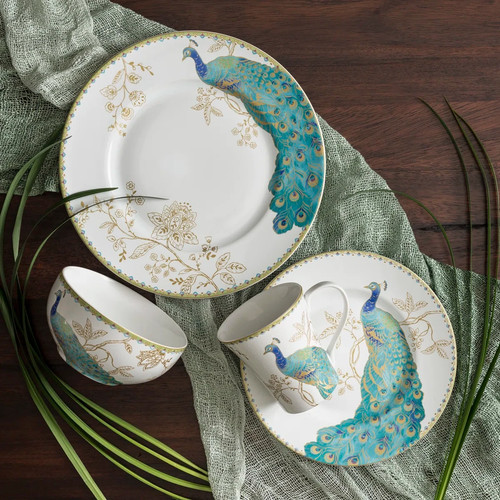 222 Fifth Majestic Pfau Blau & Gold 16 Stück Porzellan Geschirr Set für 4 - Bild 9 von 11