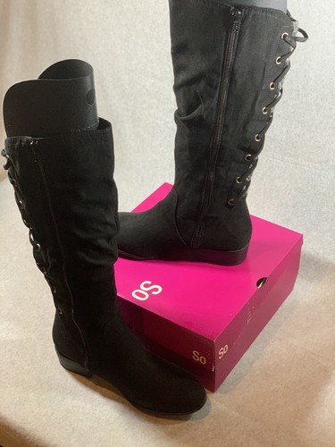 SO Kniehohe Stiefel Damen 11 Kunstleder Strick Schnürung Neu - Bild 3 von 11