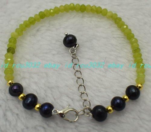 2x4mm Faceted Green Peridot Black Pearl Rondelle Beads Gemstone Bracelet 7.5in - Picture 3 of 12