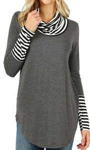 Women-039-s-Casual-Long-Sleeve-Charcoal-Contrast-Turtleneck-Plus-Size-Top-1x-2x-3x