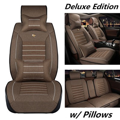 Universal 5-Seats Car Seat Covers Cushion Pad Coffee Linen Fabric w// Pillow USA