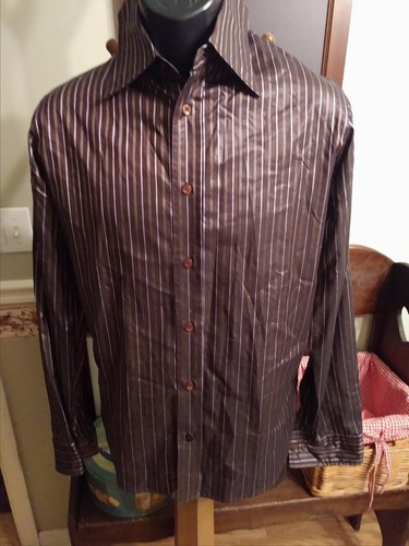 HUGO BOSS SHIRT RED LABEL SHINY BROWN STRIPED LONG SLEEVE MENS SIZE M