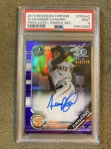 2019 Bowman Chrome Purple Refractor Alexander Canario Auto #250 / PSA 9