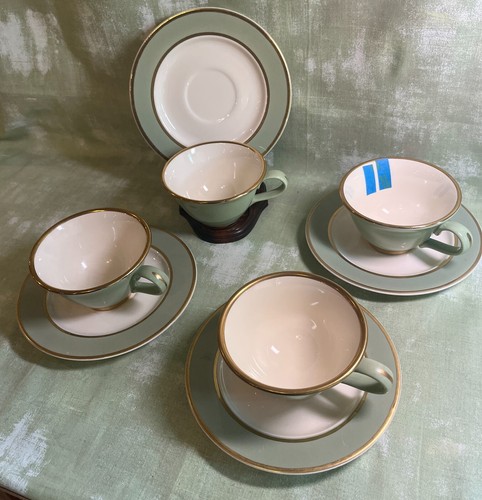 4 Dessert Bowls, 4 Cup & Saucer CLASSIC HERITAGE GREEN , Celadon Green, Gold - Picture 2 of 9
