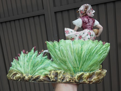 Italian Carlos Mollica signed Capodimonte porcelain planter girl swans vase - Afbeelding 7 van 11