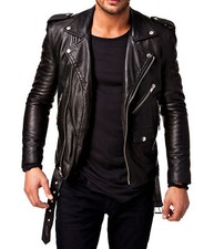 New Mens Brando Black Sheep skin Leather Jacket Asymmetrical Biker Motorcycle