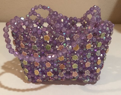 Mädchen kleine lila Perlen bunte Blumen Perlen Handtasche 3”x5” 3” Riemen - Bild 3 von 6