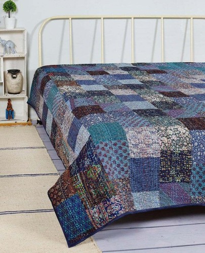 Vintage Patchwork Kantha Bedspread Indian Handmade Quilt Throw Silk Patchwork - Picture 9 of 21