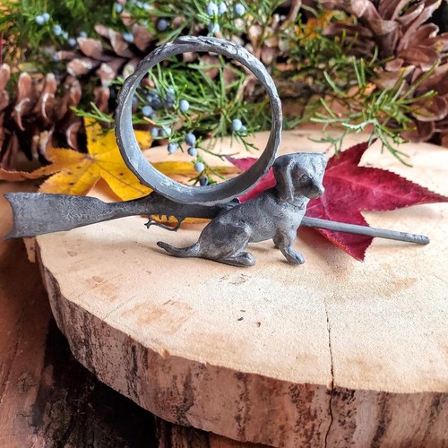 Antique Victorian Pewter Hunting Dog Figural Napkin Ring Hound & Rifle Bird Dog