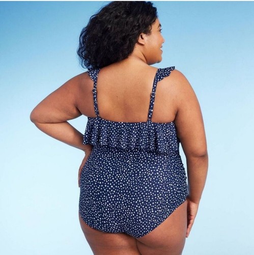 NWT Kona Sol Navy Blue Polka Dot Ruffle Shoulder One Piece Swimsuit Plus Sz 18 - Picture 4 of 6